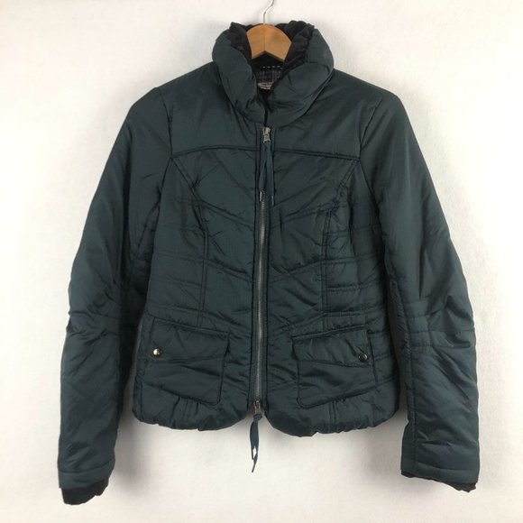 Free People Women's Size 4 Blue Black Velvet Trim Full Double Zip Puffer Jacket